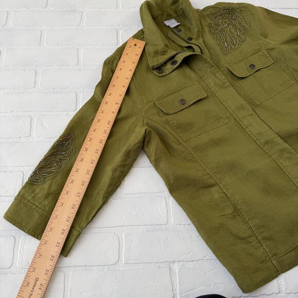 Chico's Women's 100% Linen Green Leaf Beads 3/4 Sleeve Button Jacket -sz 2 12/14 - Picture 5 of 6